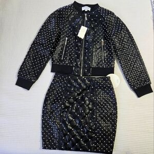 NWT Miss Circle Women's Faux Leather Black Quilted Jacket and Skirt Set Size XS